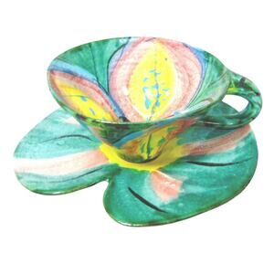 Studio Pottery Lilly Pad Cup Saucer Set Glazed Terra Cotta Art 9" Plate 6" Mug